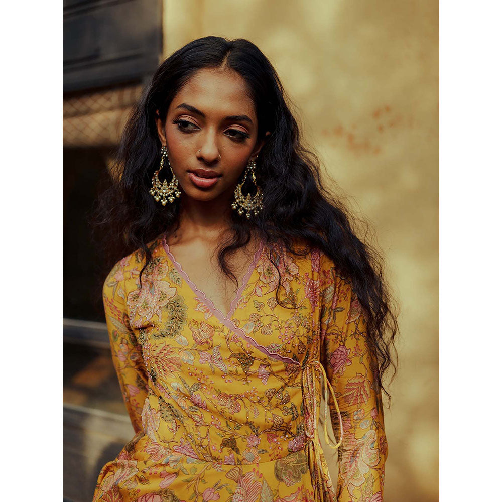 LABEL NAARITI Avasa Floral Yellow Anarkali with Churidar and Dupatta