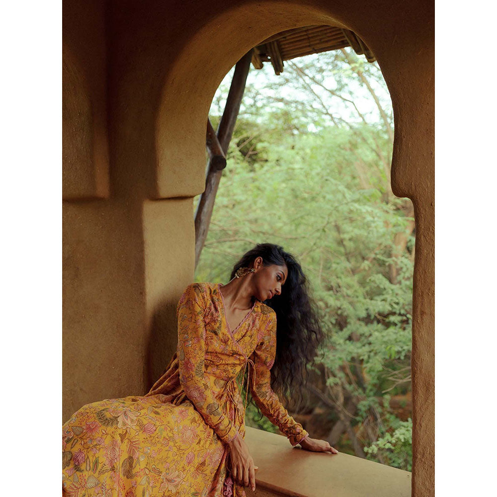 LABEL NAARITI Avasa Floral Yellow Anarkali with Churidar and Dupatta