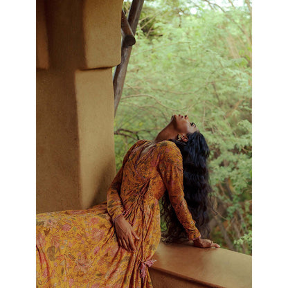 LABEL NAARITI Avasa Floral Yellow Anarkali with Churidar and Dupatta