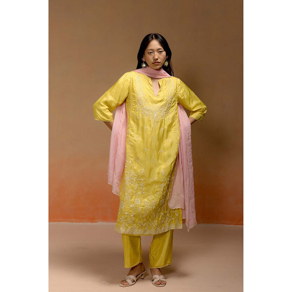 LABEL NAARITI Siyara Embroidered Yellow Kurta with Pant and Dupatta