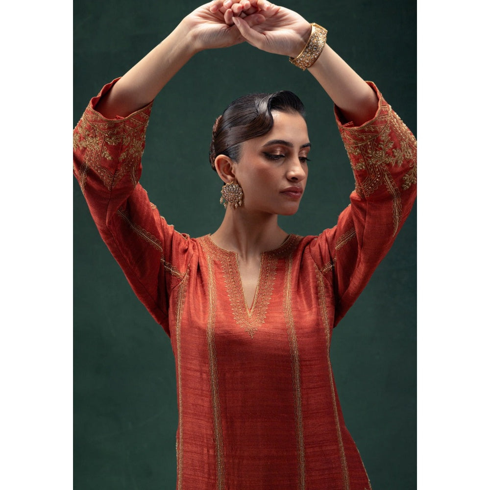 LABEL NAARITI Maahira Rust Orange Embroidered Kurta Sets