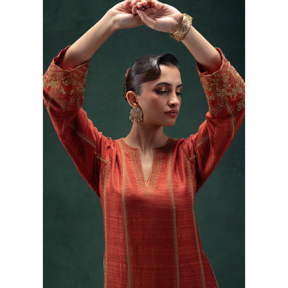 LABEL NAARITI Maahira Rust Orange Embroidered Kurta Sets