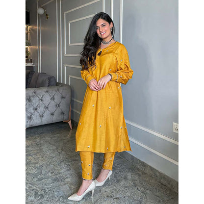Label Ruby Beautifully Hand Embroidered Mustard Kurta with Pant (Set of 2)