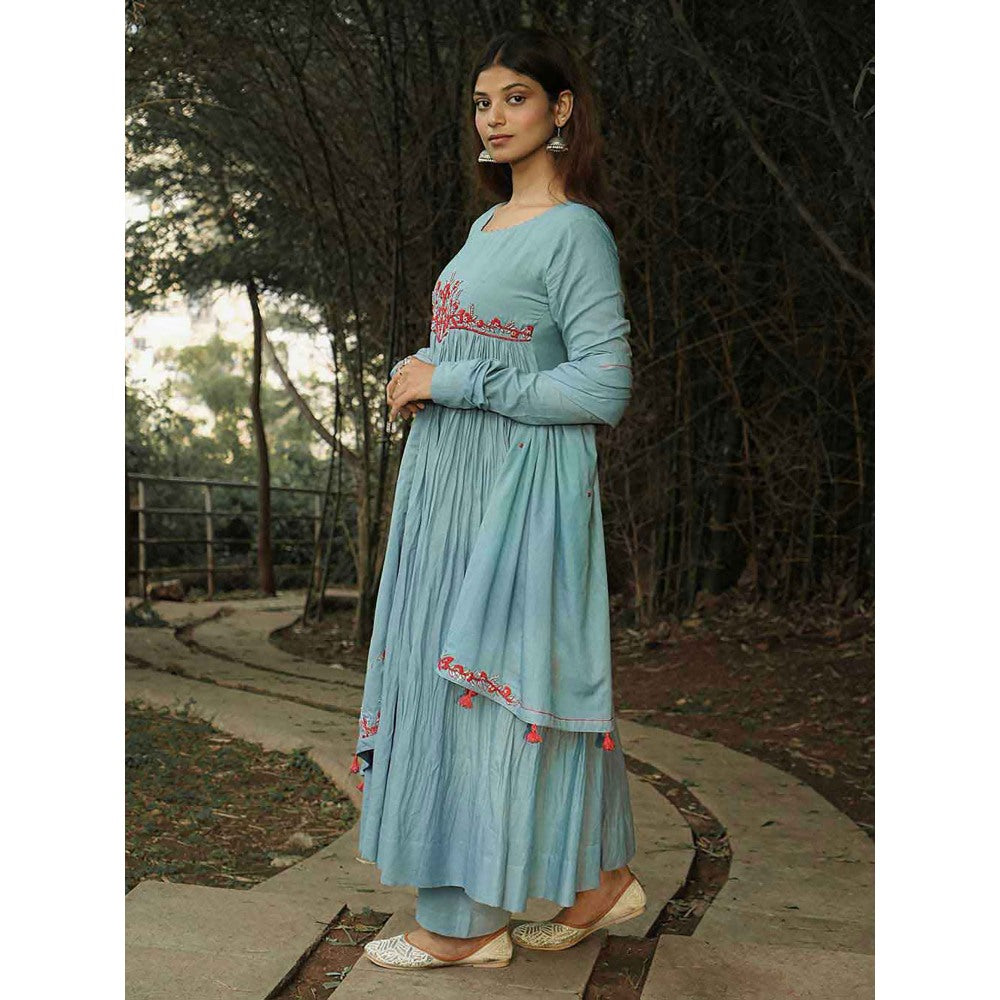 Label Ruby Hand Embroidered Pale Blue Anarkali with Pant and Dupatta (Set of 3)