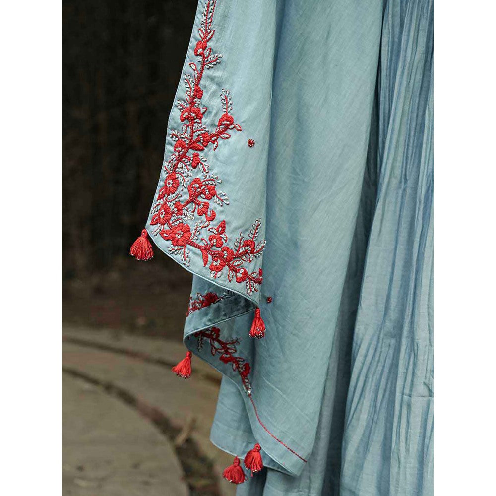 Label Ruby Hand Embroidered Pale Blue Anarkali with Pant and Dupatta (Set of 3)