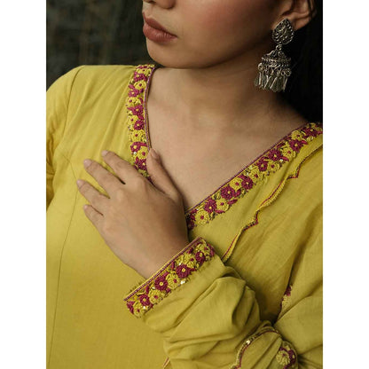 Label Ruby Hand Embroidered Dark Yellow Anarkali with Pant and Dupatta (Set of 3)