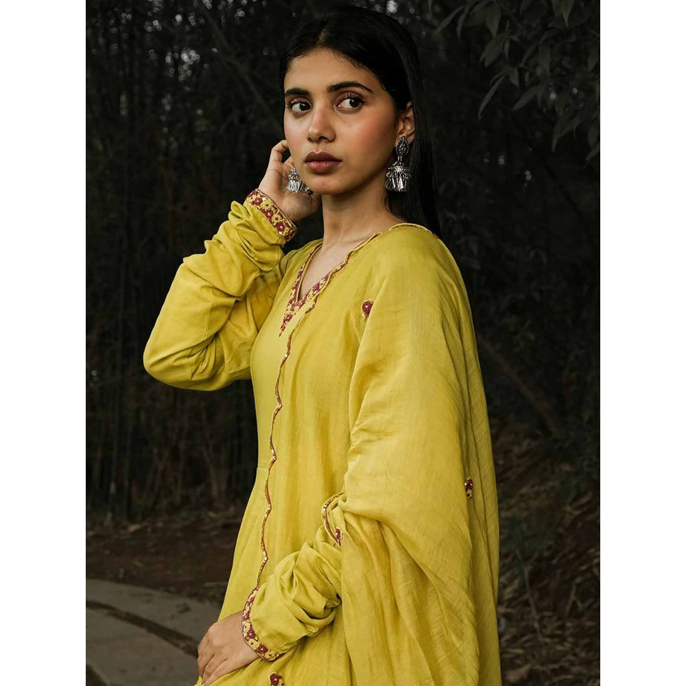Label Ruby Hand Embroidered Dark Yellow Anarkali with Pant and Dupatta (Set of 3)