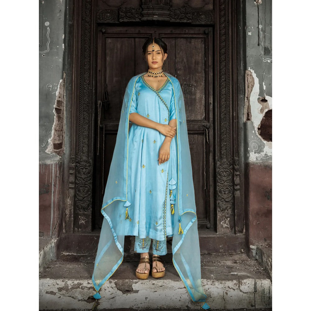 Label Ruby Hand Embroidered Powder Blue Angarkha with Pant and Dupatta (Set of 3)
