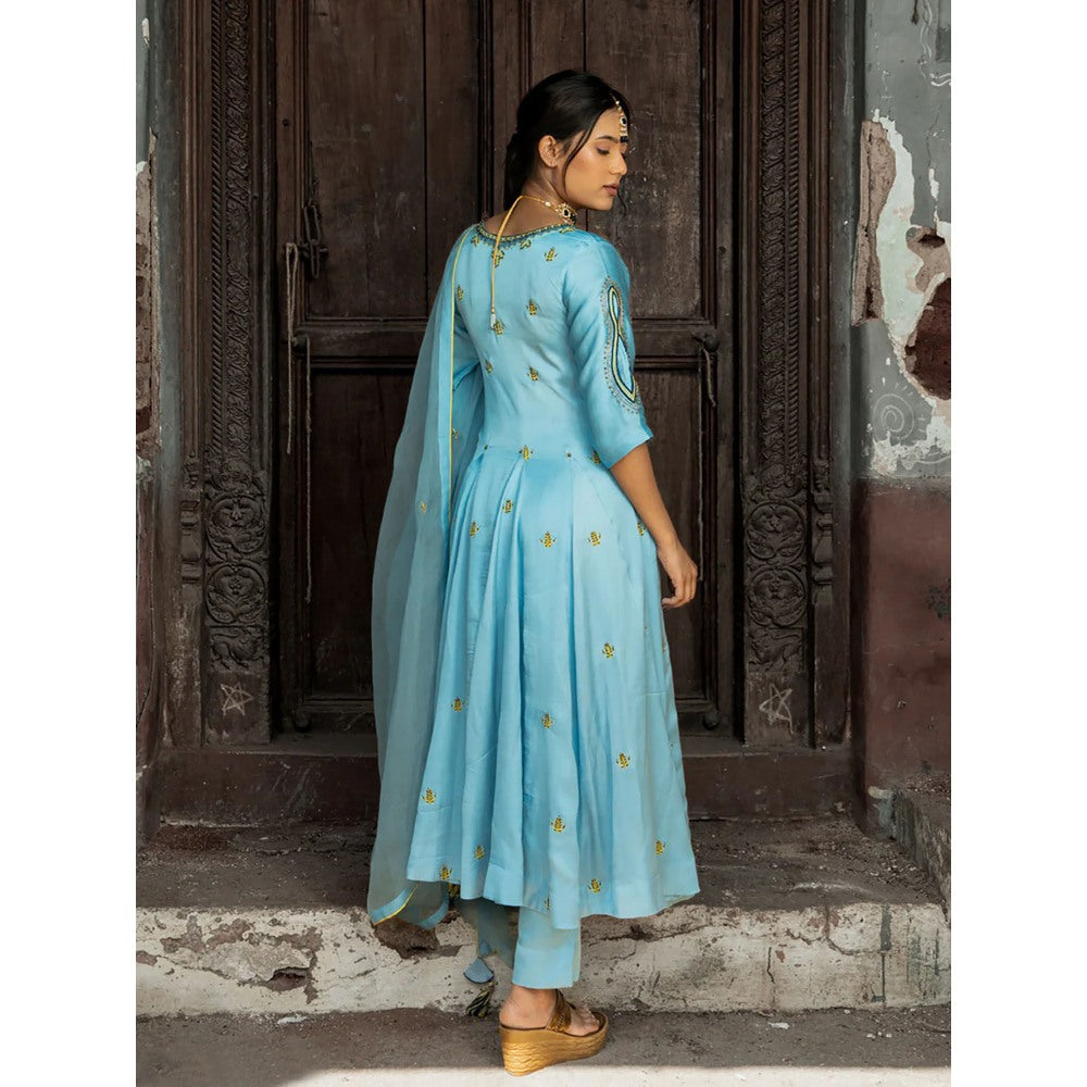 Label Ruby Hand Embroidered Powder Blue Angarkha with Pant and Dupatta (Set of 3)