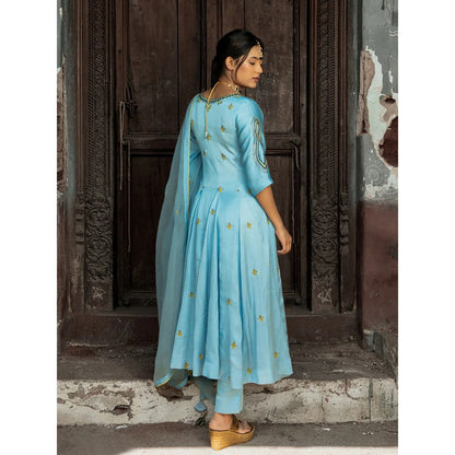 Label Ruby Hand Embroidered Powder Blue Angarkha with Pant and Dupatta (Set of 3)