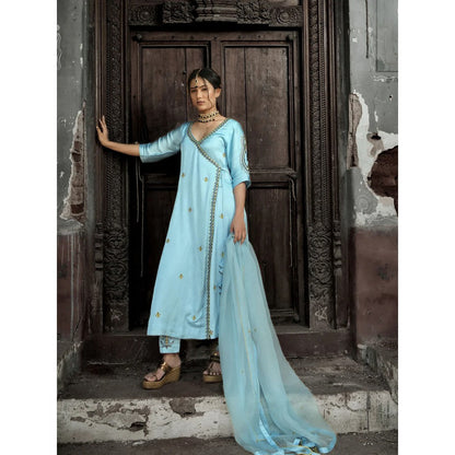 Label Ruby Hand Embroidered Powder Blue Angarkha with Pant and Dupatta (Set of 3)