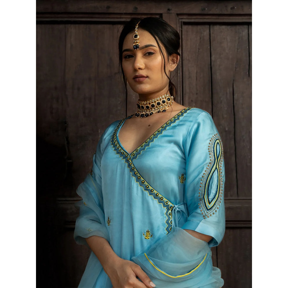 Label Ruby Hand Embroidered Powder Blue Angarkha with Pant and Dupatta (Set of 3)