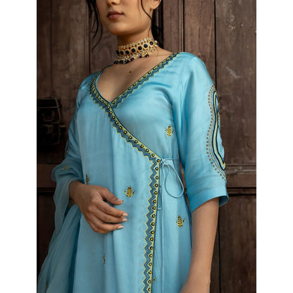 Label Ruby Hand Embroidered Powder Blue Angarkha with Pant and Dupatta (Set of 3)