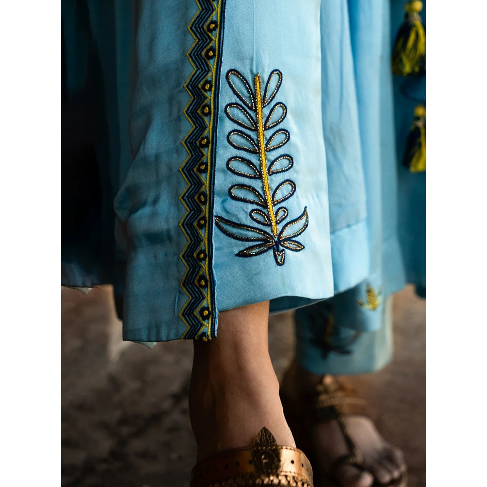 Label Ruby Hand Embroidered Powder Blue Angarkha with Pant and Dupatta (Set of 3)