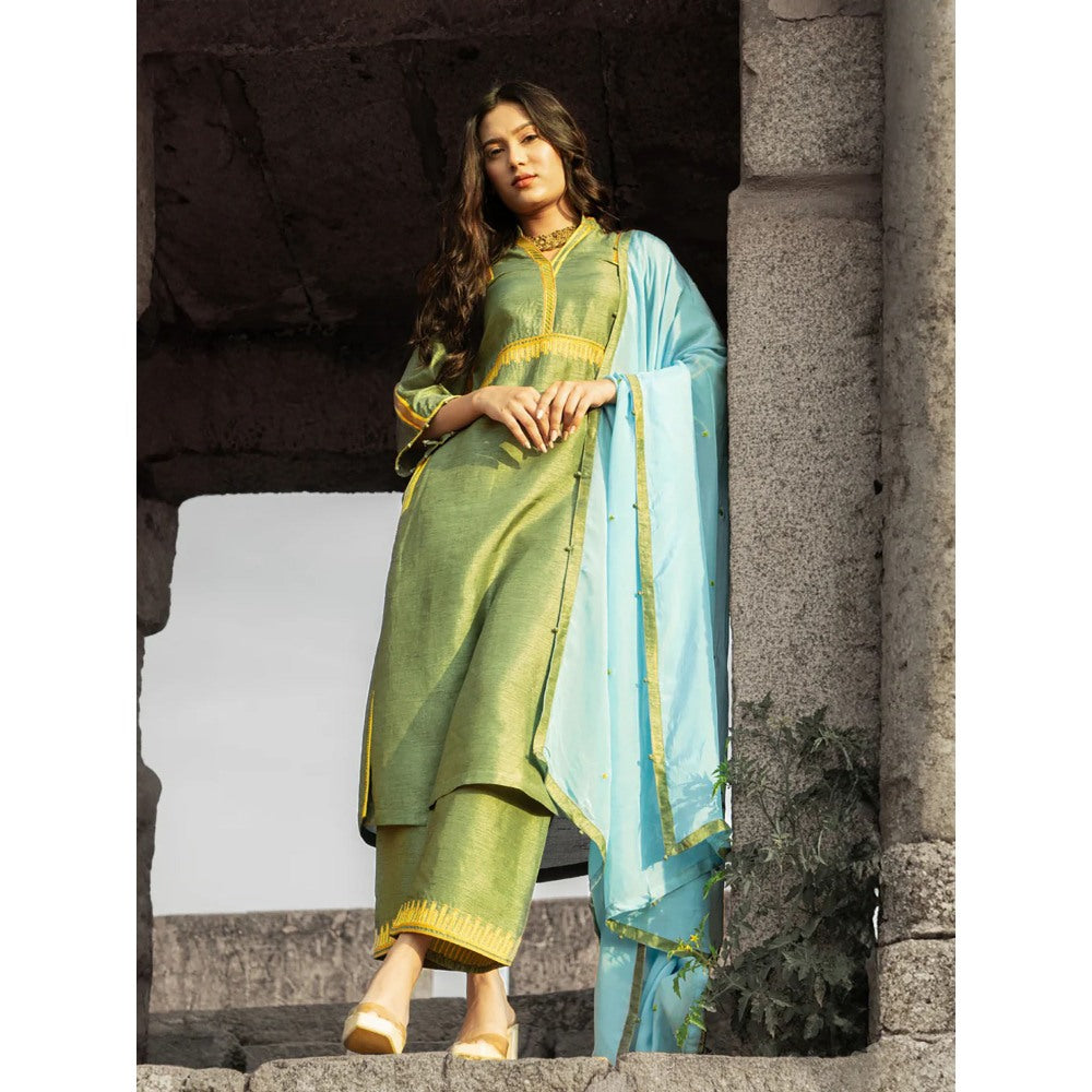 Label Ruby Embroidered Green Kurta with Pant and Dupatta (Set of 3)