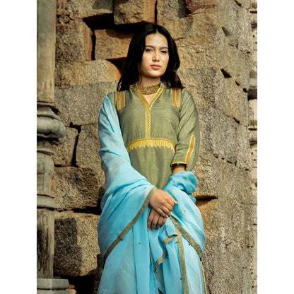 Label Ruby Embroidered Green Kurta with Pant and Dupatta (Set of 3)