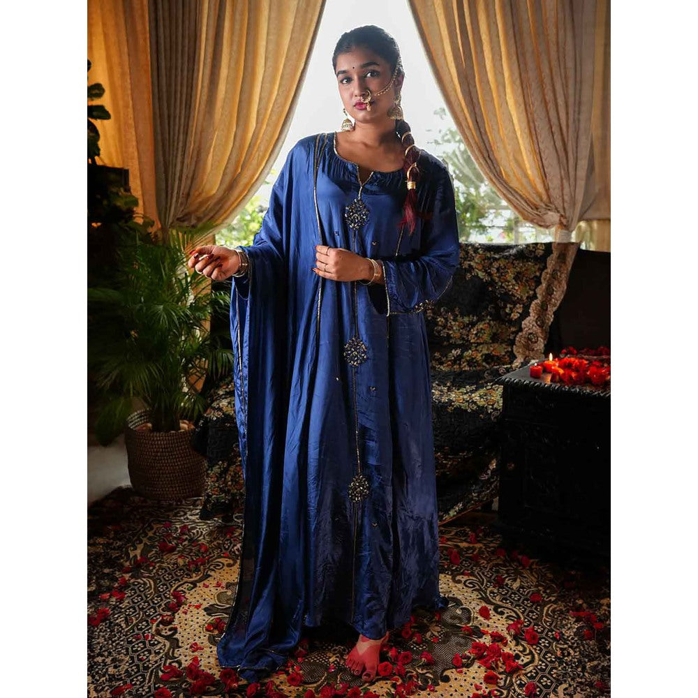 Label Ruby Beautifully Zari Embroidered Royal Blue Anarkali with Pant and Dupatta (Set of 3)