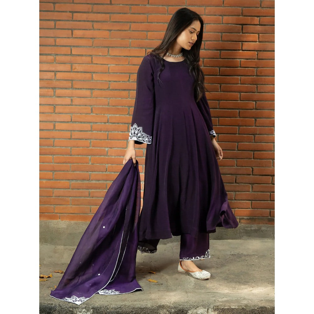 Label Ruby Hand Embroidered Purple Anarkali with Pant and Dupatta (Set of 3)