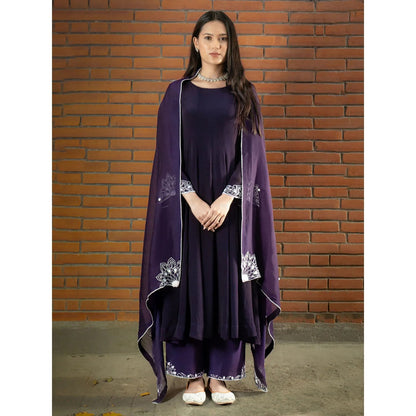 Label Ruby Hand Embroidered Purple Anarkali with Pant and Dupatta (Set of 3)