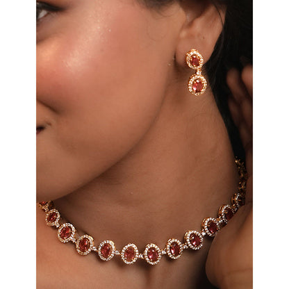 Label Ruby Pink Oval Stone In Rose Gold Finish Jewellery Set