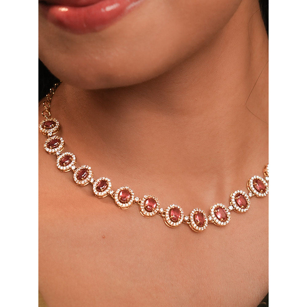 Label Ruby Pink Oval Stone In Rose Gold Finish Jewellery Set
