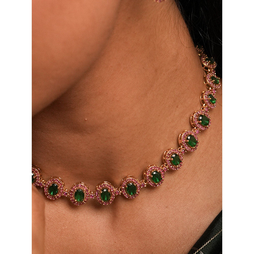 Label Ruby Green Oval Stone In Rose Gold Finish Jewellery Set
