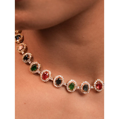 Label Ruby Multicolor Oval Stone In Rose Gold Finish Jewellery Set