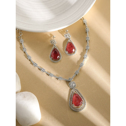 Label Ruby Red Ruby Teardrop Cz Halo In Silver Plating Bridal Wear Jewellery Set