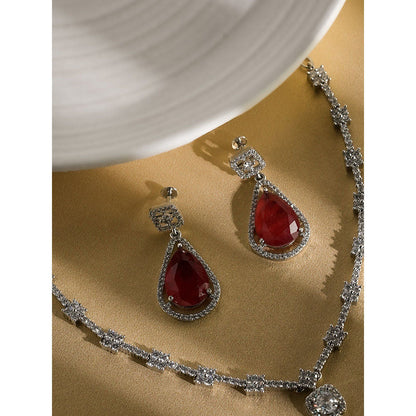Label Ruby Red Ruby Teardrop Cz Halo In Silver Plating Bridal Wear Jewellery Set