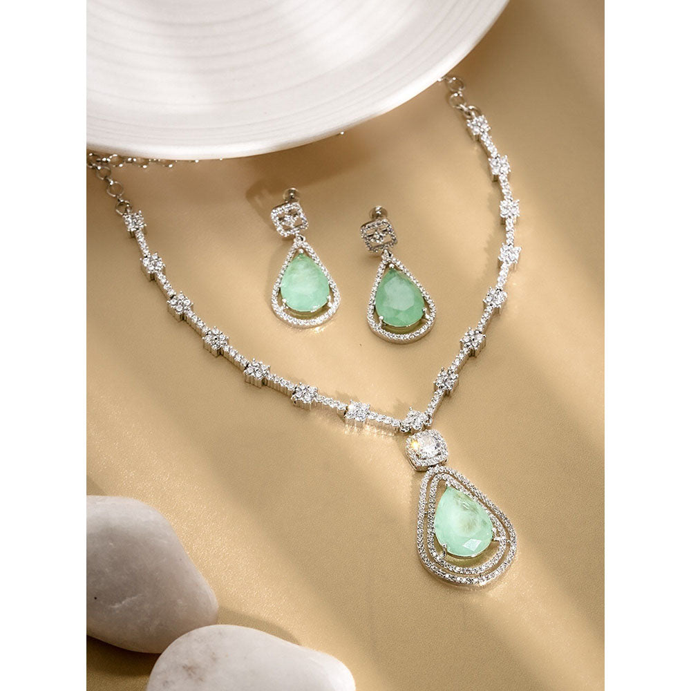 Label Ruby Light Green Teardrop Silver Plating Bridal Wear Jewellery Set