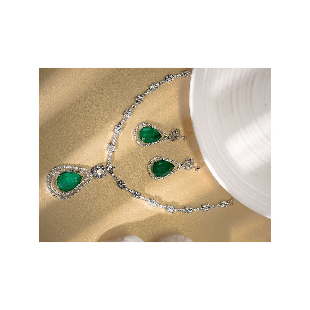 Label Ruby Emerald Green Cz Halo Silver Plating Bridal Wear Jewellery Set