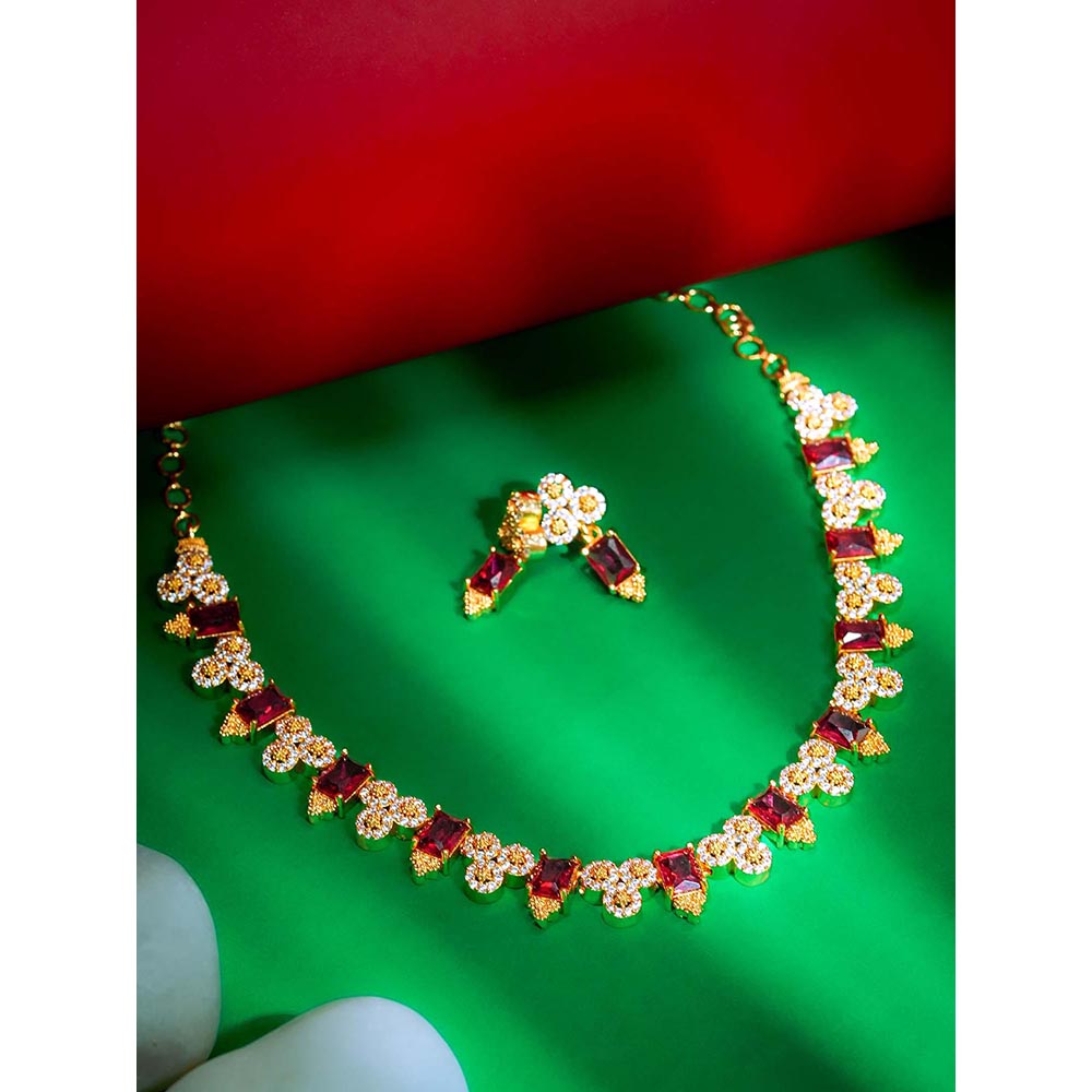 Label Ruby Elegant Emerald Red And Gold-Plated Necklace and Earrings