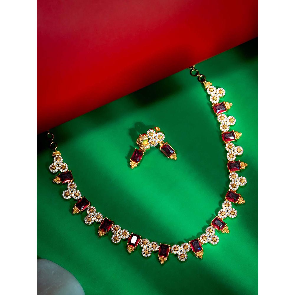 Label Ruby Elegant Emerald Red And Gold-Plated Necklace and Earrings