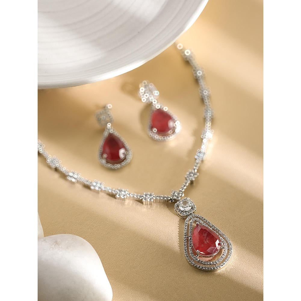 Label Ruby Regal Emerald-Cut Red Stone And Pave Diamond Necklace and Earrings