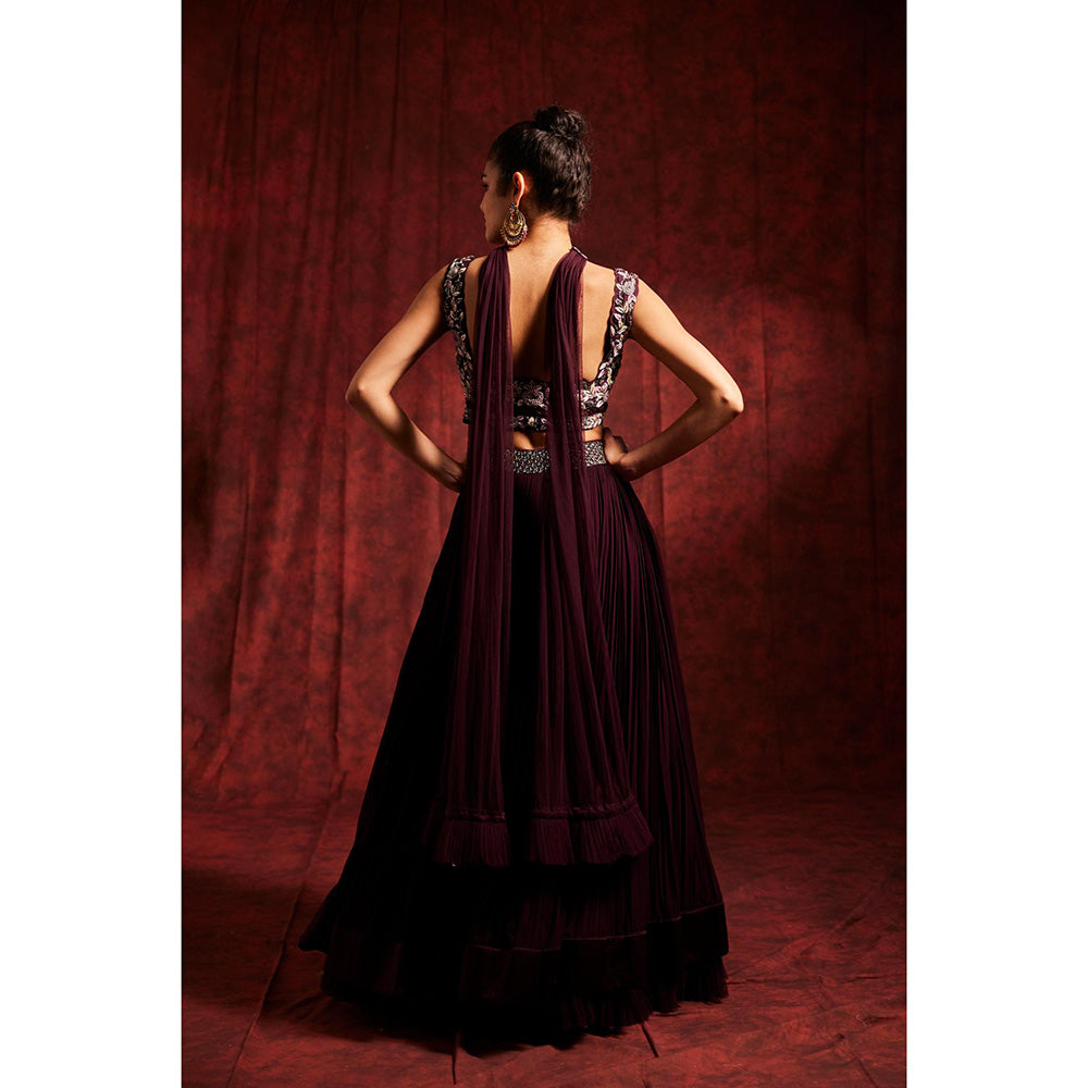 Label Gayatri Bishnoi Wine Lehenga with Blouse and Dupatta (Set of 3)