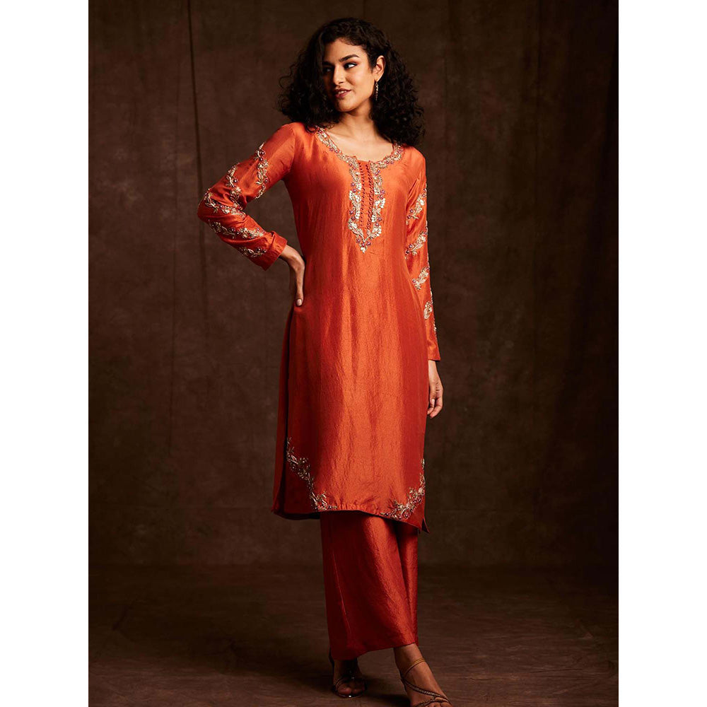 Label Gayatri Bishnoi Seher Rust Embroidered Kurta with Palazzo (Set of 2)