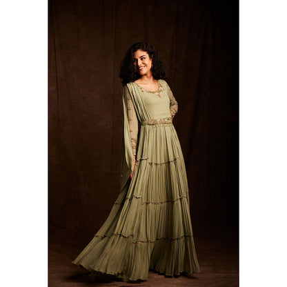 Label Gayatri Bishnoi Sage Green Dress with Drape Dupatta and Belt (Set of 3)