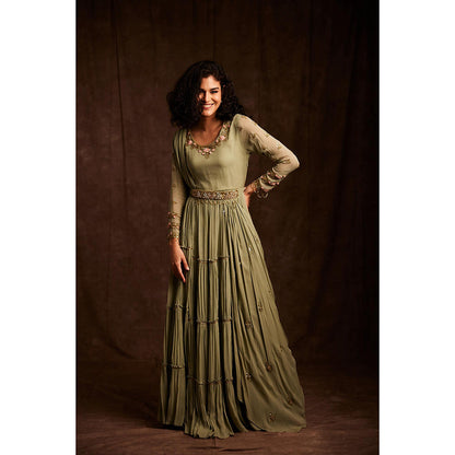 Label Gayatri Bishnoi Sage Green Dress with Drape Dupatta and Belt (Set of 3)