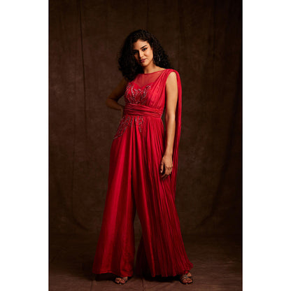 Label Gayatri Bishnoi Red Jumpsuit with Attached Drape
