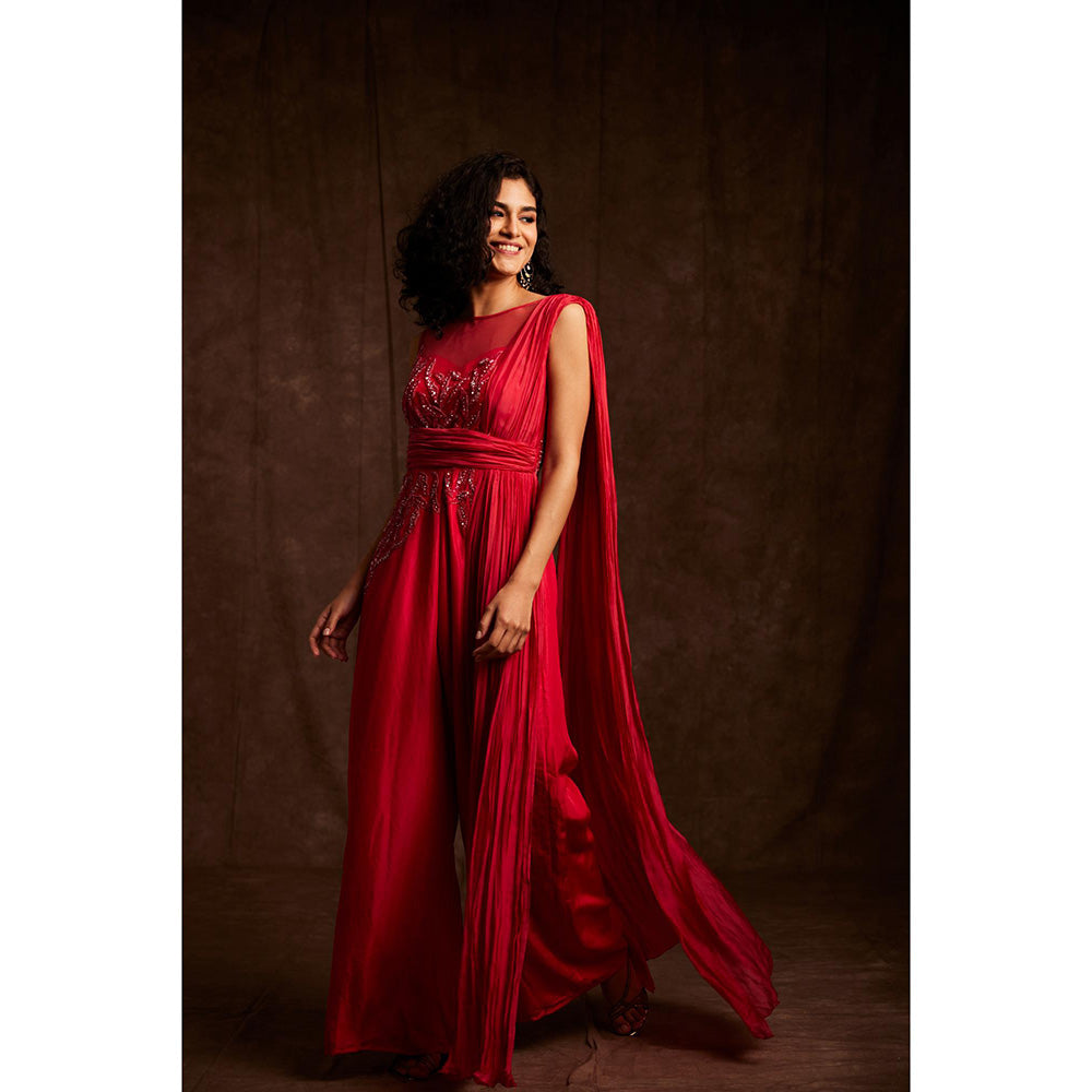 Label Gayatri Bishnoi Red Jumpsuit with Attached Drape