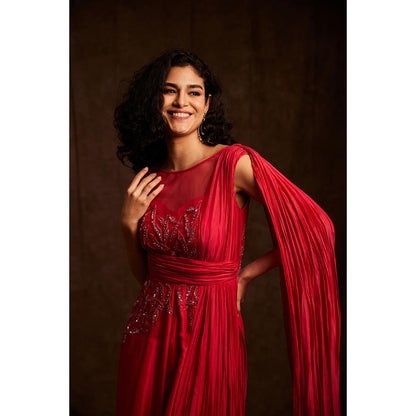 Label Gayatri Bishnoi Red Jumpsuit with Attached Drape