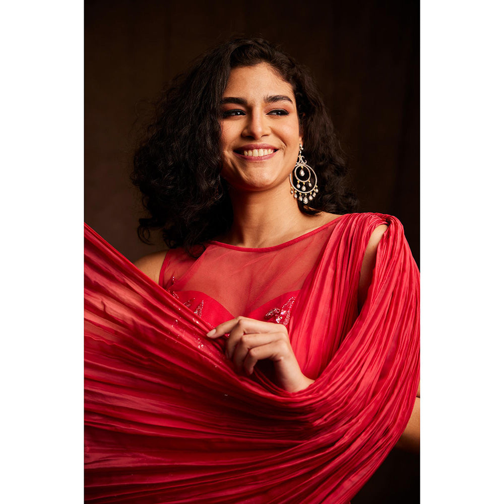 Label Gayatri Bishnoi Red Jumpsuit with Attached Drape
