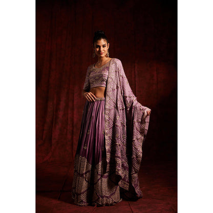 Label Gayatri Bishnoi Purple Pure Gajji Silk Bandhej Lehenga with Blouse and Dupatta (Set of 3)