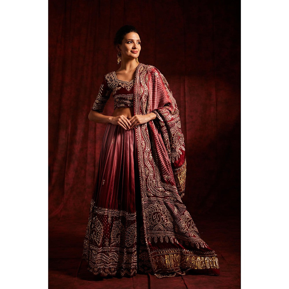 Label Gayatri Bishnoi Maroon Pure Gajji Silk Bandhej Lehenga with Blouse and Dupatta (Set of 3)