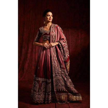 Label Gayatri Bishnoi Maroon Pure Gajji Silk Bandhej Lehenga with Blouse and Dupatta (Set of 3)