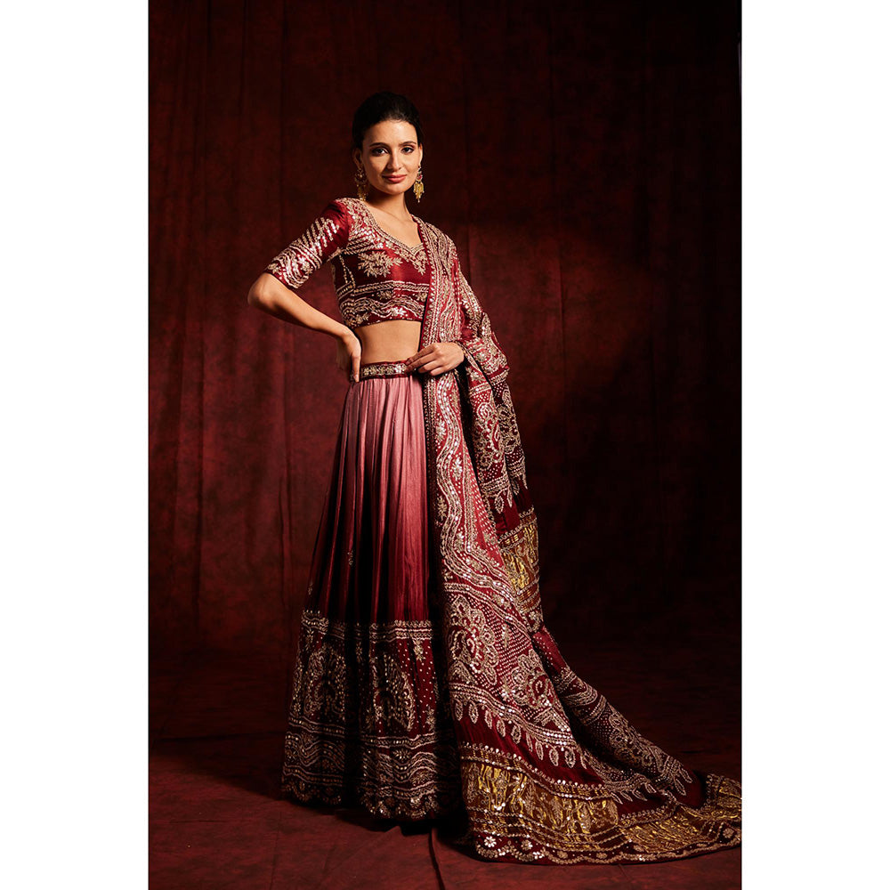 Label Gayatri Bishnoi Maroon Pure Gajji Silk Bandhej Lehenga with Blouse and Dupatta (Set of 3)