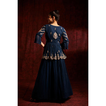 Label Gayatri Bishnoi Midnight Blue Peplum Top with Lehenga and Dupatta (Set of 3)