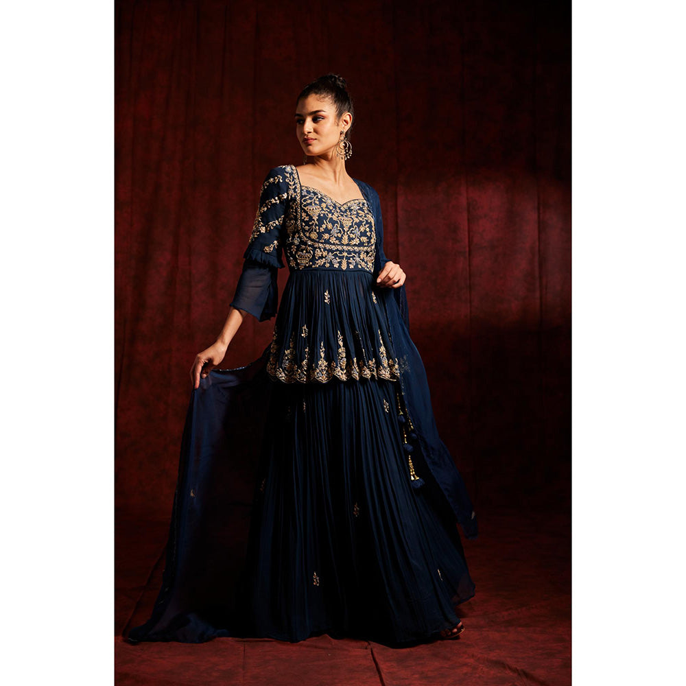 Label Gayatri Bishnoi Midnight Blue Peplum Top with Lehenga and Dupatta (Set of 3)