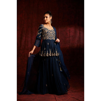 Label Gayatri Bishnoi Midnight Blue Peplum Top with Lehenga and Dupatta (Set of 3)