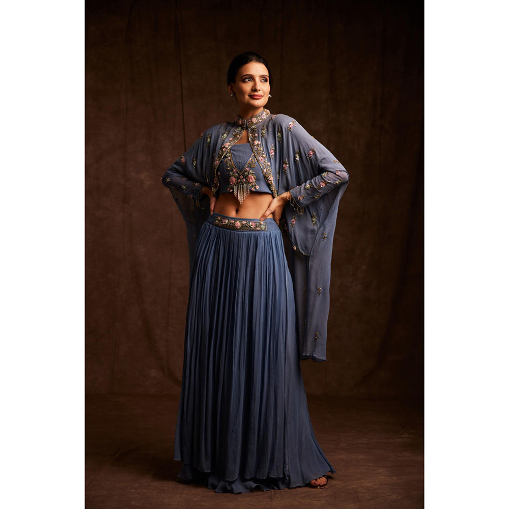 Label Gayatri Bishnoi Powder Blue Cape with Blouse and Lehenga (Set of 3)
